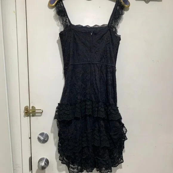 VINTAGE NU-MODE SLIM FIT SLEEVELESS RUFFLE LACE LITTLE BLACK DRESS SIZE S - Picture 4 of 12